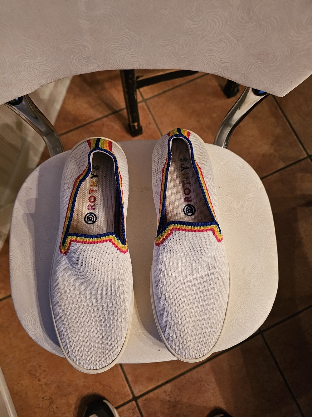 Rothy's White Knit Slip-On Sneakers with Rainbow Trim